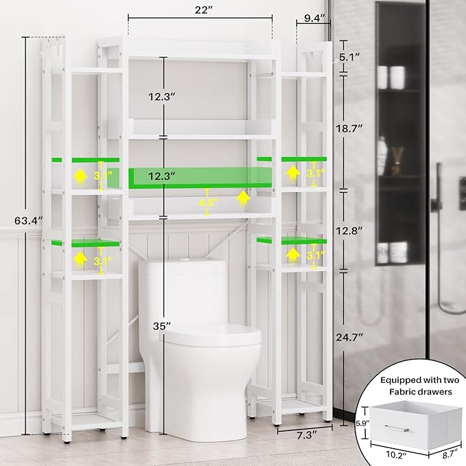 Over The Toilet Storage with 2 Drawers - 11 Tier Bathroom Organizer Freestanding Space Saver Storage Rack with Adjustable Shelf Above Toilet Stand with 4 Hooks for Restroom, Laundry, White