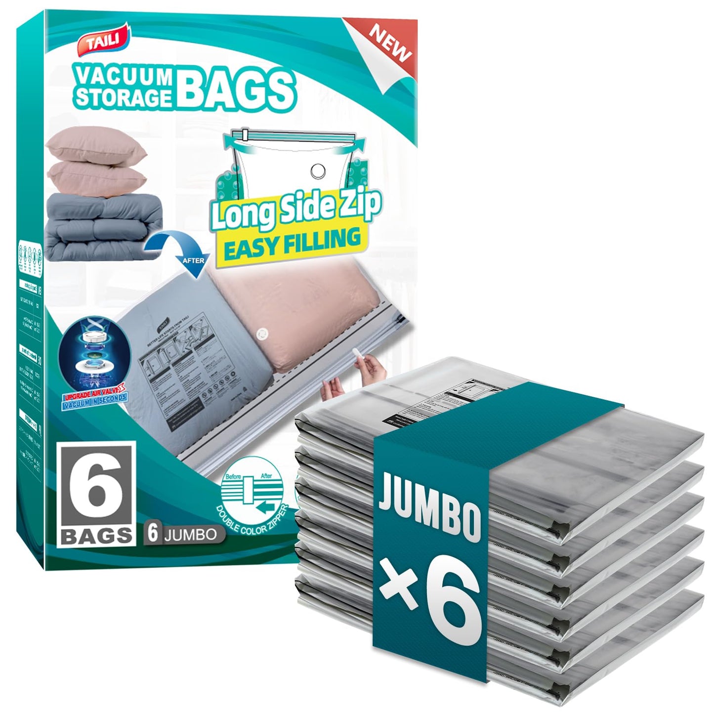 TAILI 8 Pack Vacuum Storage Bags, 2 Size Combo(4 Large+4 Jumbo), Clear