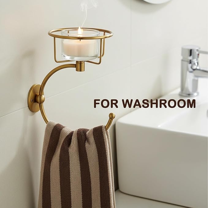 100% Solid Brass Hand Towel Holder for Bathroom Wall – Towel Ring with Candle Holder – Vintage Wall Candle Sconce Bathroom Decor – Antique Brass Towel Holder