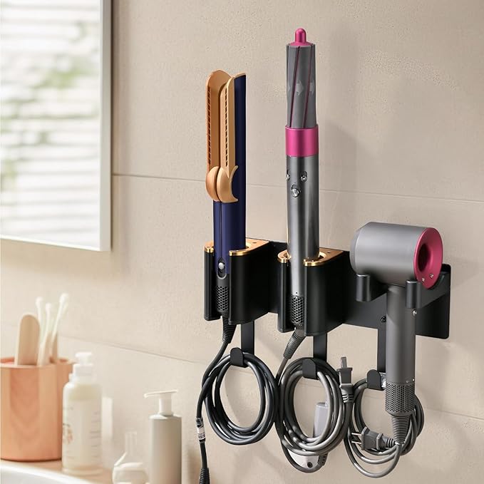 Hair Dryer Holder Wall Mount, Curling Iron Holder, 3 in 1 Hair Tool Organizer for Bathroom Vanity, Hair Straightener Holder, Aluminum Alloy (Hair Tools Not Included)