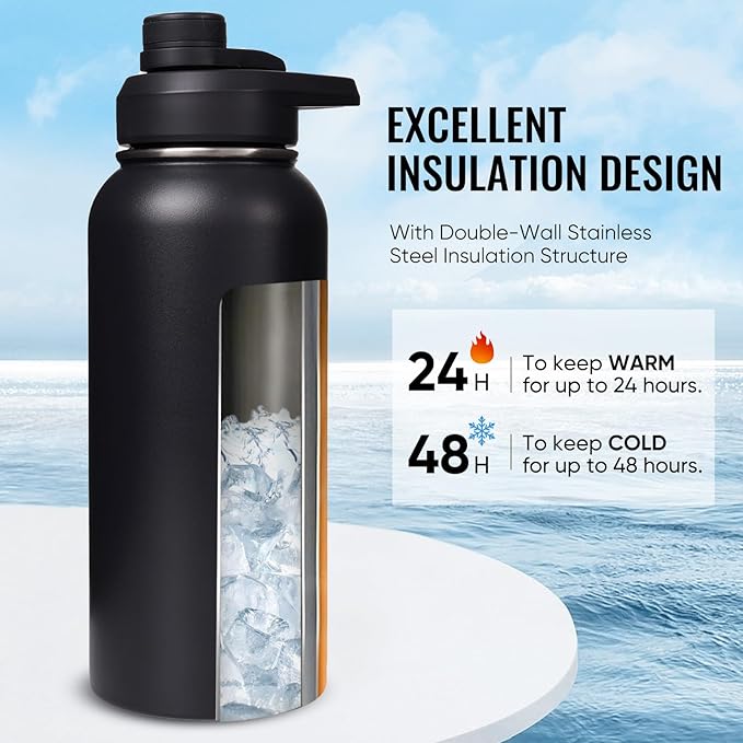 32 oz Insulated Water Bottle with Handle, 304 Stainless Steel Water Bottles with Wide Mouth, Double Wall Vacuum Sports Water Bottle, BPA Free, Keep Cold and Hot, Black