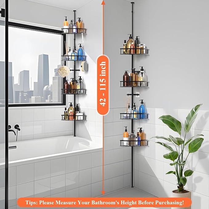 4-Tier Rustproof Corner Shower Caddy with Tension Pole, 42-115 Inch Adjustable Height Shower Organizer, Shower Shelves with Hooks, Freestanding Bathroom Organizer - Black