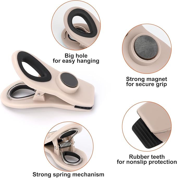 TACGEA Chip Clips, Magnetic Bag Clips with Air Tight Seal for Food Storage, 16 Pieces, Neutral Color