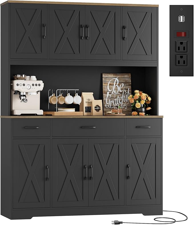 HOSTACK 71" Tall Kitchen Pantry Storage Cabinet, 55" W Kitchen Hutch, Black