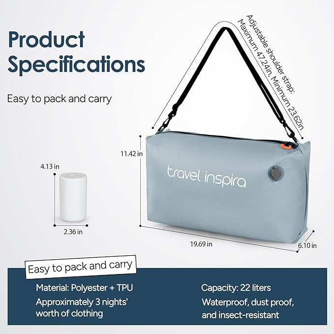 Gray Blue Vacuum Travel Bag with Wireless Electric Pump, 22L Packing Cube