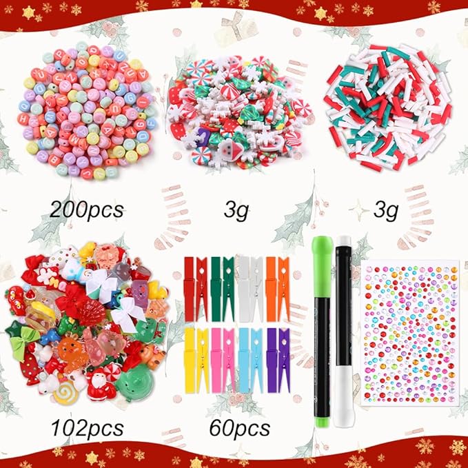 JOICEE 60 Set DIY Christmas Clothespins Kit,60 Colored Wooden Clothes Pins 111 Mini Resin Figures Bows and Stickers pens 200 Beads for Backpacks Christmas DIY Crafts Gifts Xmas Stockings Decor