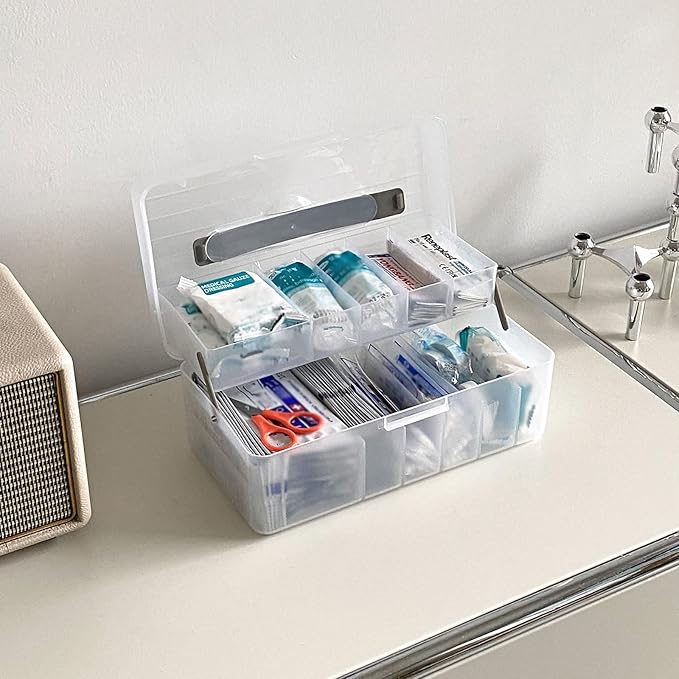 Large Bandage Organizer with Lid, Plastic 2 Tiers Container for Home Medicine Cabinet, Office, School Use, Bandages Storage Holder for Fabric Adhesive Strip, Medical Elastic Wrap