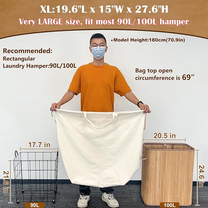 Canvas Laundry Bags with Handles & Rectangular Base, 20"Lx15"Wx27.6"H Extra Large Heavy Duty Laundry Basket Hamper Liner Replacement, Washable Canvas Drawstring Dirty Clothes Bag