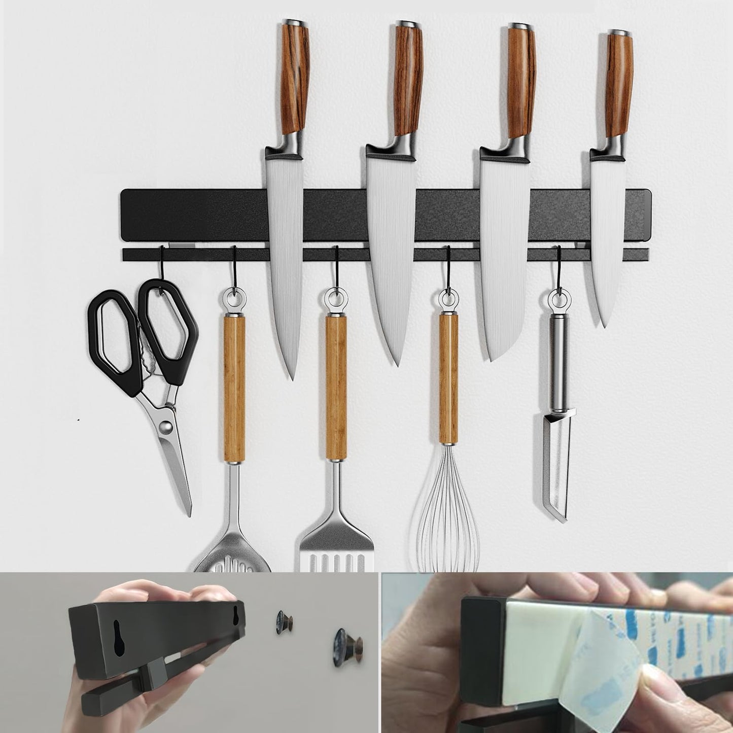 YIIYIIN 17 Inch Magnetic Knife Holder, 12 Hooks, Black