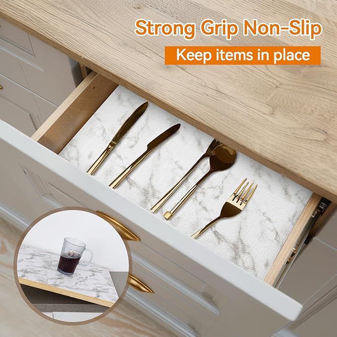 Shelf and Drawer Liner for Kitchen Cabinets Non-Adhesive, Strong Grip Non-Slip Thickened Cabinet Liners for Shelves, Waterproof Mats for Dresser Cupboard, Marble, 17 in x 20 Feet