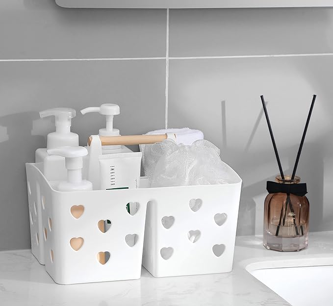 Portable Shower Caddy Plastic Shower Basket Organizer Divided Bathroom Caddy Storage Cleanning Caddy Tote with Handle for College, Dorm Room, Kitchen, White
