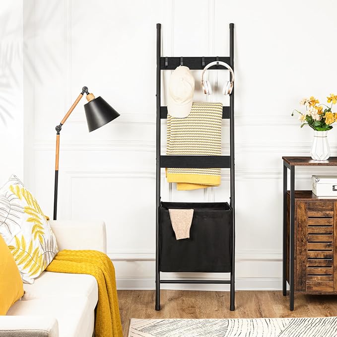 HOOBRO Blanket Ladder with Basket, 17.3”L x 63.4”H, Towel Rack with Hooks, Blanket Holder Rack, Decorative Ladder Shelf, Drying and Display Rack for Bathroom, Living Room, Black BB31CJ01