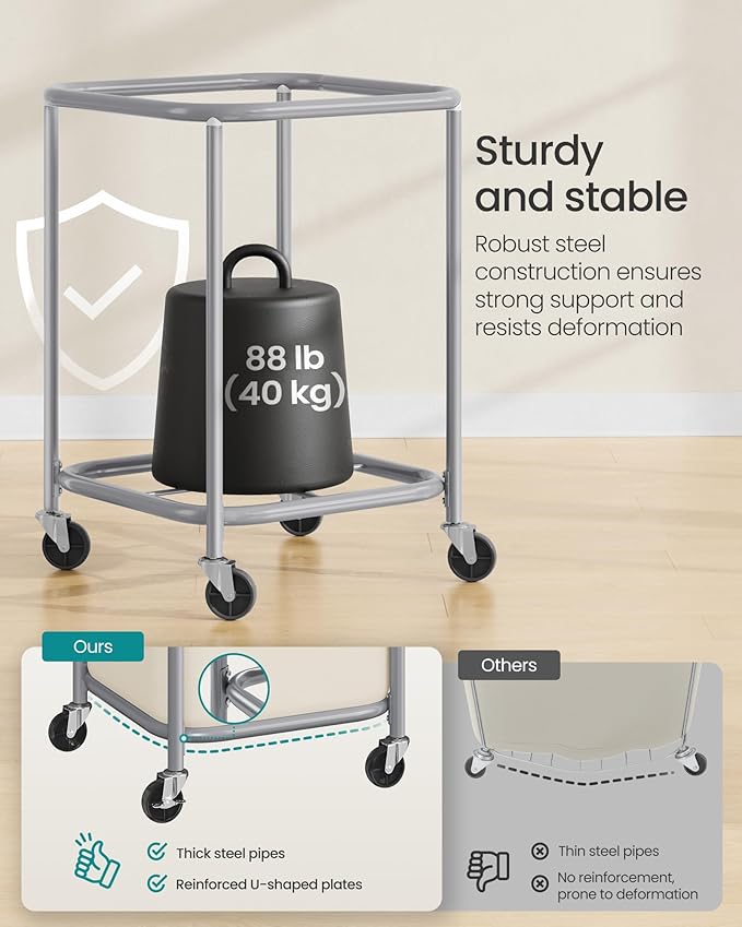 SONGMICS 45-Gallon (170 L) Laundry Basket with Wheels, Rolling Square Heavy-Duty Laundry Hamper Cart with Steel Frame and Removable Bag, 2 Locking Wheels, Cream White and Metallic Silver URLS015WD01