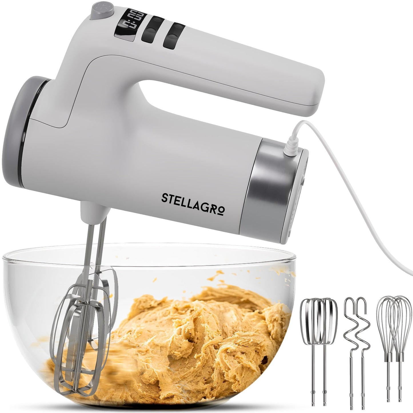 Electric Hand Mixer 350W, 9 Speed Handheld Mixer with Timer, Beaters, Whisks & Dough Hooks, Storage Case, Kitchen Mixer for Baking, Eggs, Cream, Cookie Dough & Frosting, Gray
