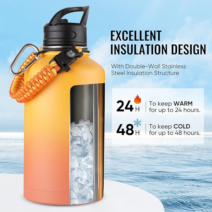 Half Gallon Water Bottle with 2 Lids (Straw & Spout), 304 Stainless Steel Sports Insulated Bottle with Handle, 64 oz Vacuum Double Walled Water Jug with Wide Mouth, BPA Free, Yellow&Orange