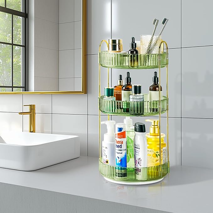 360 Rotating Makeup Organizer - Large Capacity Spinning Perfume & Cosmetic Skincare Holder for Vanity & Countertop (Gem Green, 3 Tier)