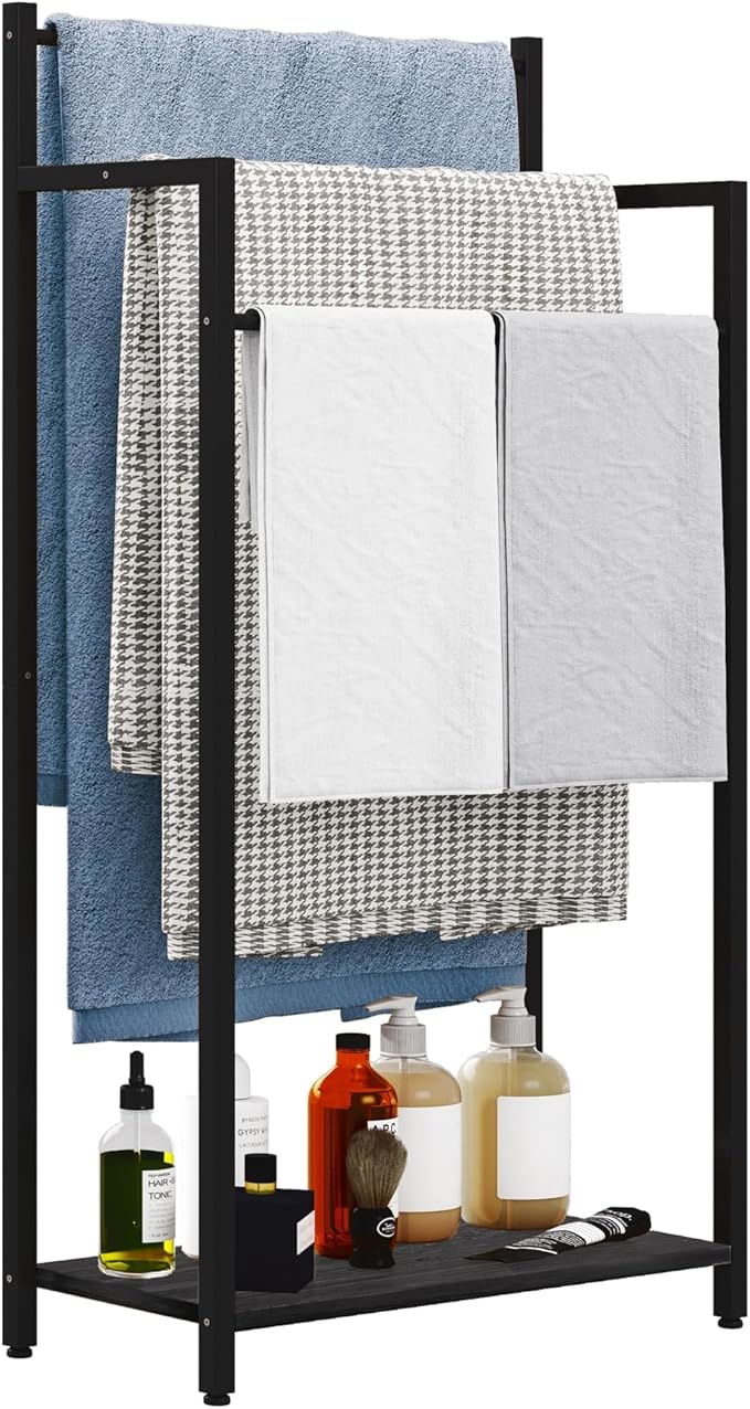 Freestanding Towel Rack, 3 Tier Blanket Ladder Stand with Black Wooden Shelf for Bathroom Living Room (31.5”H x 16.9”W x7.9”D)