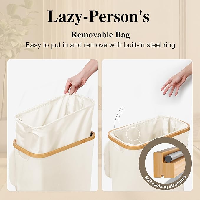 Slim Laundry Hamper, 60L Waterproof Narrow Laundry Basket with Lid and Removable Bag, Collapsible Tall Clothes Hamper with Bamboo Handles for Clothes Toys in Dorm Bedroom Bathroom, Beige