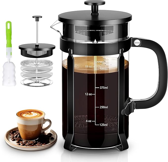 YMMIND 34 Ounce French Press Coffee Maker, 5-Cup Espresso Coffee Maker, Grey Cold Brew Heat Resistant Thickened Borosilicate Coffee Pot with 4 Stainless Steel Filter Screens