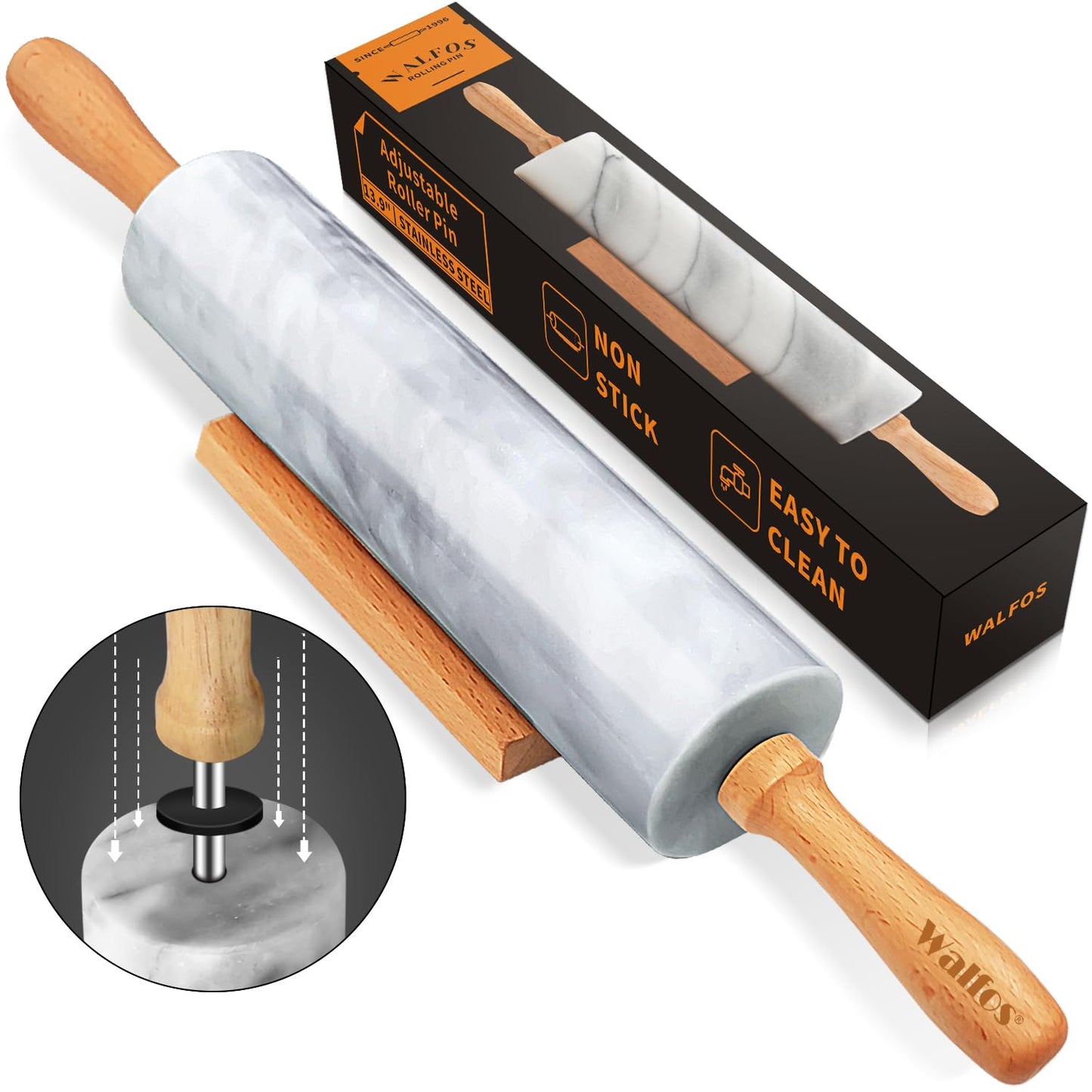 WALFOS French Rolling Pin and Silicone Baking Mat Set, Non-Stick Beech Wood Rolling Pin 15.7 Inch and Pastry Mat for Best Pie Crust, Cookie, Pasta and Pizza Dough