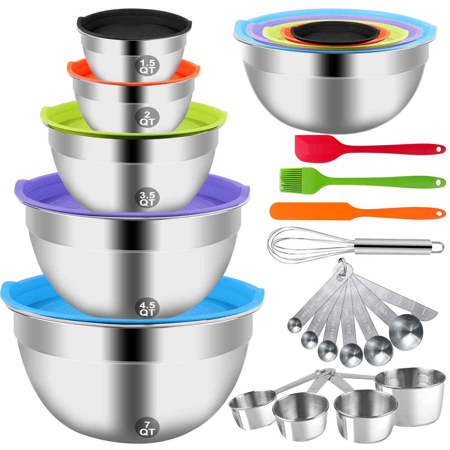 WEPSEN Mixing Bowls Set, 25PCS Stainless Steel Mixing Bowl with Lid Set, Large Nesting Bowls 7, 4.5, 3,2, 1.5QT, Measuring Cups and Spoons Baking Utensils Metal Bowl for Kitchen Prep