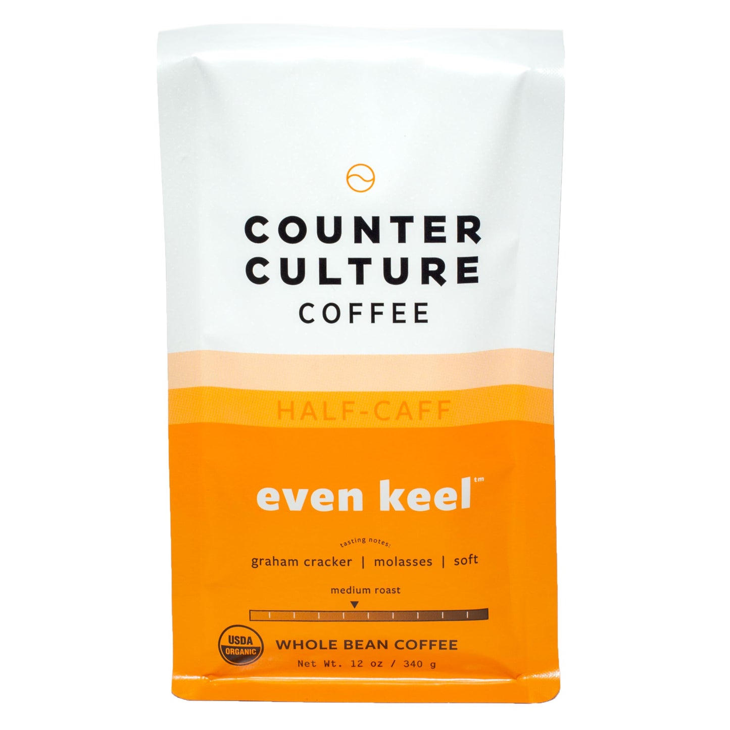 Counter Culture Whole Bean Organic Coffee Half-Caff (Even Keel - Light Roast) Graham Cracker & Molasses - Sustainably Sourced - B Corp - Organic Coffee Beans - Kosher, Gluten Free, Nut Free - 12oz Bag