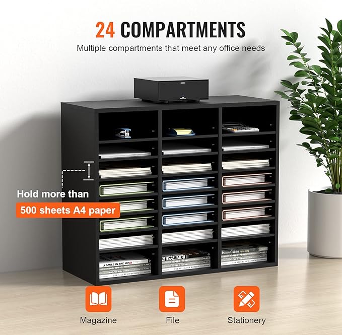 VEVOR Literature Organizers, 24 Compartments Office Mailbox with Adjustable Shelves, Wood Literature Sorter 29x12x24.4 inches for Office, Home, Classroom, Mailrooms Organization, EPA Certified Black