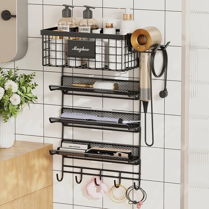Hair Dryer Holder Wall Mounted, Adheisve Hair Styling Tool Organizer for hair Brush/Appliance Wall Mount with 5 Tier Shelf Basket Hooks Blow Dryer and Straightener Holder for Bathroom(Black)