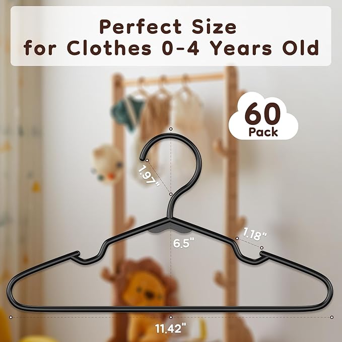 VTRIN Baby Hangers 60 Pack Large Capacity Hard Plastic Kids Hangers Suitable for All Clothes of Infant and Toddler, Such as Short, Shirts and Thick Coats, for Kids Clothes Black