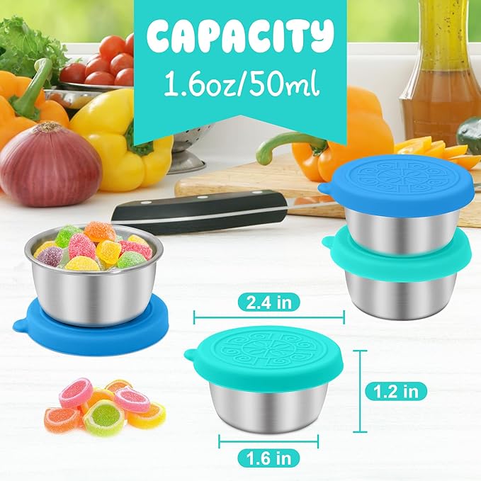 6x1.6 oz Salad Dressing Container to Go, Leakproof Reusable Stainless Steel Small Container with Lid,Sauce Containers for Lunch box,Picnics,Travel,Office and Meal Prep