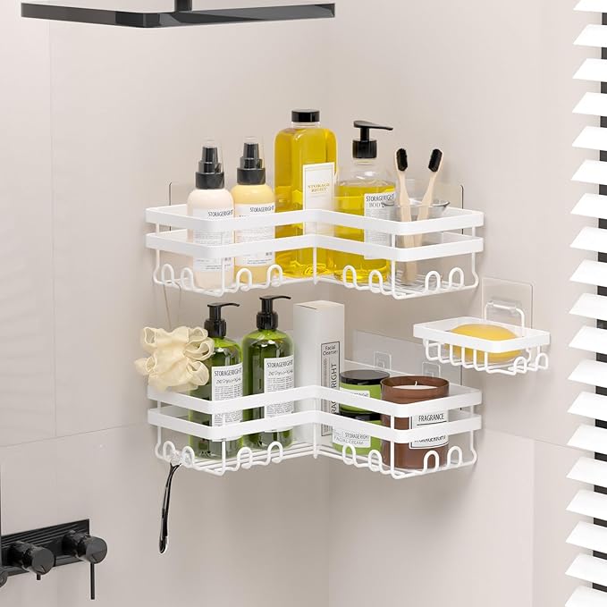 StorageRight Corner Shower Caddy, 3 Pack Adhesive Bathroom Accessories with Soap Holder, Storage Stainless Shower Organizer Shelf with Hooks, No Drilling Shower Shelves for Bathroom(White, X-Large)
