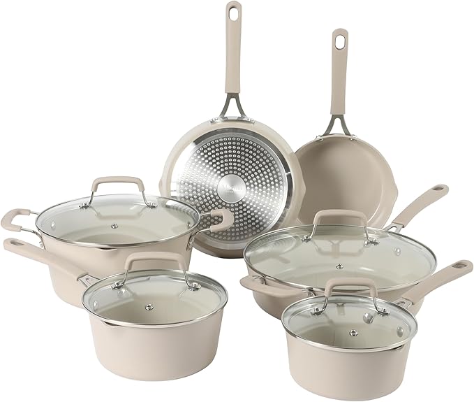 Martha Stewart Heathland 9.5 Inch Aluminum Cookware Non-Toxic Premium Ceramic Non Stick Frying Pan, Kitchen Egg Pan, Omelet, Pots and Pans, Linen White, Induction Safe