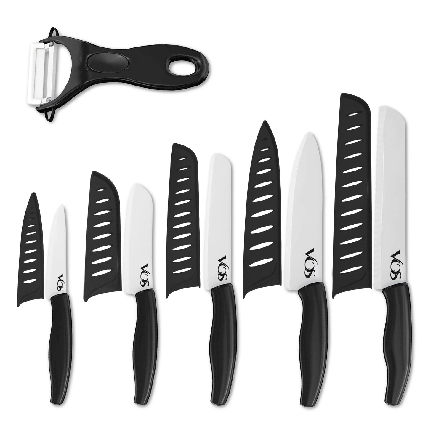 Vos Ceramic Knife Set in Elegant Gift Box, Ceramic Knives Set For Kitchen, Ultra Sharp Kitchen Knife Set with Covers, 4" 5" 6" Paring, Santoku & Chef Knife, Lightweight, Dishwasher safe (Black Handle)