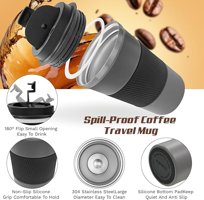 Vacuum-Insulated Stainless Steel Travel Coffee Mug, Leak-Proof Reusable Coffee Cup with Lid-Keeps Drinks Hot & Cold for Hours, Durable Double Wall Tumbler for Men & Women (3rd-Grey, 17OZ)