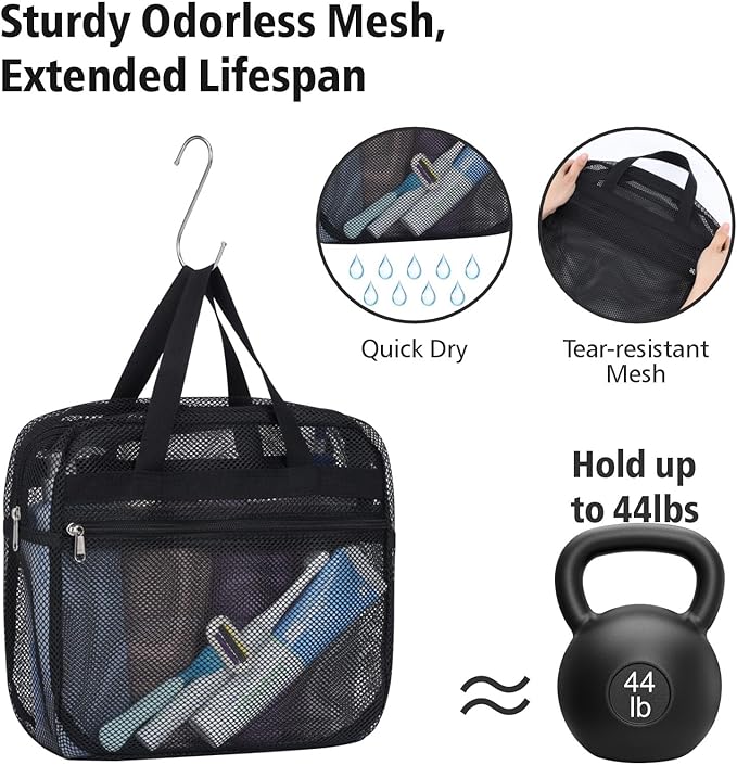F-color Mesh Shower Caddy Portable with Zipper -Dorm Room Essentials for Guys Girls with S Hook, Shower Bag Basket Tote for College Camping Toiletry Bathroom, Black