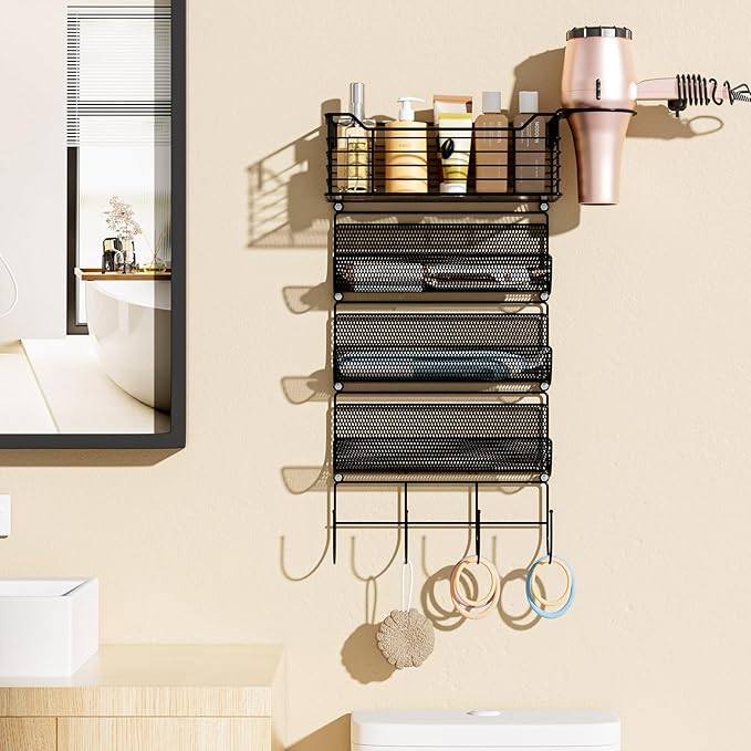 VITVITI Metal Hair Tool Organizer Wall Mount, Hair Dryer Holder with 4 Tier Shelf Basket Hooks, Bathroom Styling Tool Organizer for Curling Iron/Blow Dryer/Straightener, Matte Black