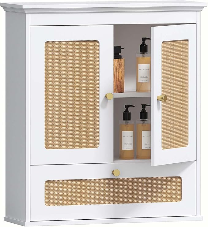 Spirich Bathroom Wall Cabinet Over Toilet, Boho Rattan Medicine Cabinet with Adjustable Shelf, Space-Saving Wall Mount Storage