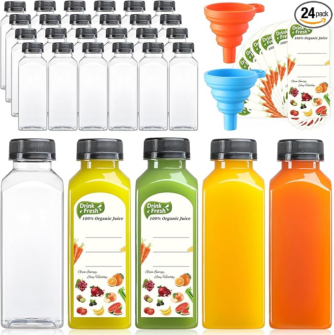 24 PACK, 12 OZ Reusable Plastic Juice Bottles with Caps, Plus 24 Labels & 2 Silicone Funnels - Clear Juicing Bottles for Juice, Smoothies, Ginger, Tea, Coffee - Food Grade & Leakproof Travel Bottles