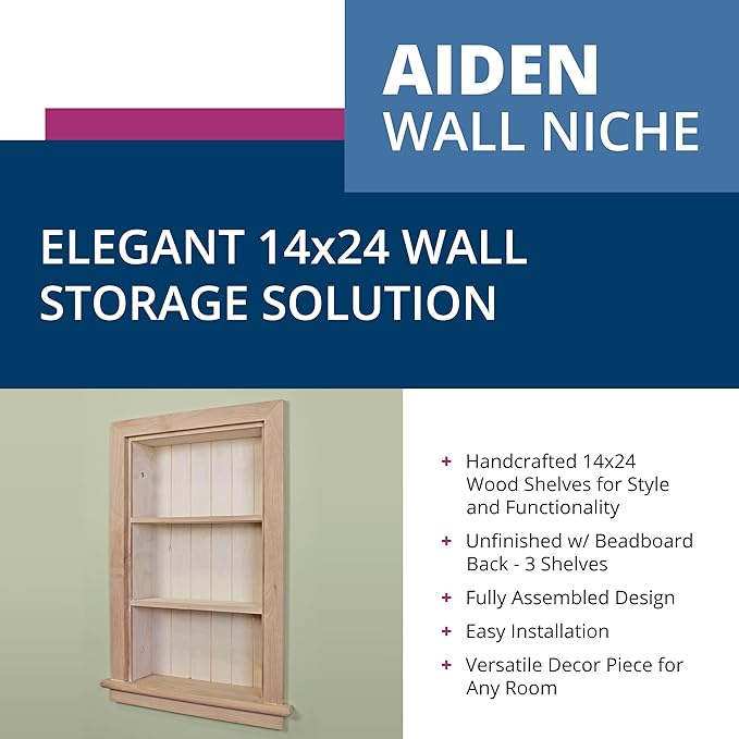 Fox Hollow Furnishings 14x24 Aiden Recessed Wall Niche Medicine Cabinet Replacement, in The Wall Bathroom Cabinet Insert Shelf/Shelves, Made in North America, Real Wood, NO MDF, Beadboard, Unfinished