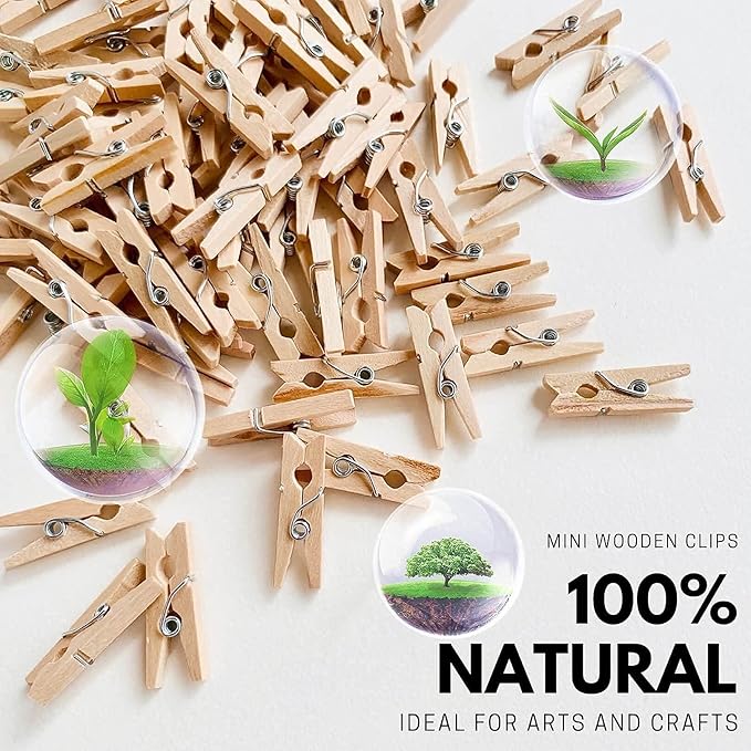 Mini Clothespins, Mini Clothes Pins for Photo Natural Wooden Small Picture Clips for Crafts 1 Inch 100 PCS Tiny Pegs Decorative Wood Clips for Wall Hanging Pictures