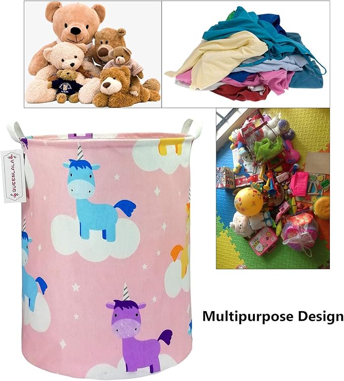 QUEENLALA Large Storage Basket,Laundry Hamper/Bathroom/Home Decor/Collapsible Round Storage Bin,Boys and Girls Hamper/Boxes/Clothing(Pink Unicorn)