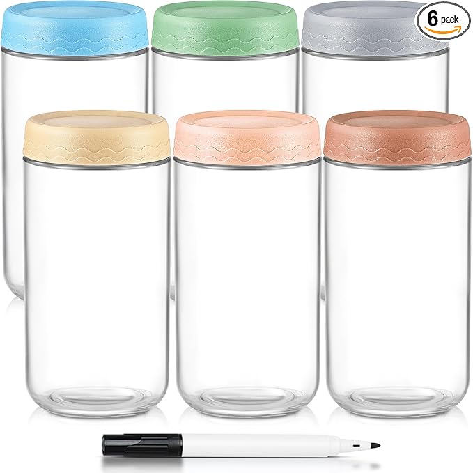 DRKIO 24 Oz Overnight Oats Containers with Lids - 6 Pack Glass Storage Jars with Airtight Lids Wide Mouth Mason Food Jars Great for Meal Prep Salad Chia Pudding Snacks Yogurt Sugar Spice Cereal