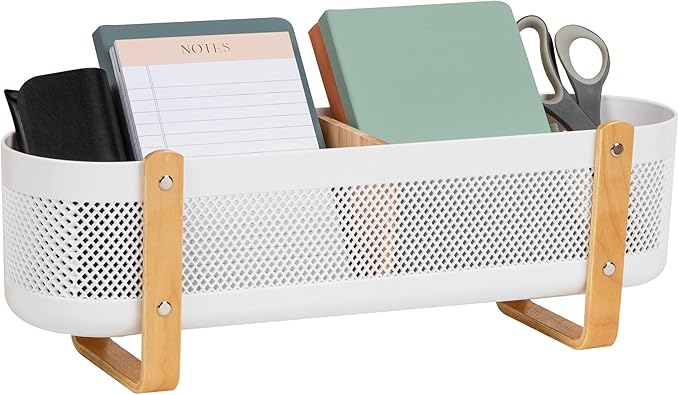 Mind Reader Divided Storage Basket with Legs, Accessory Holder, Desktop Organization, Office, Plastic, 19.25"L x 5.25"W x 6.5"H, White and Brown
