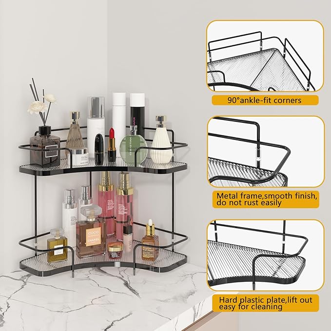 FOLLOWIN 2 Tier Bathroom Countertop Corner Organizer,Countertop Perfume Tray,Vanity Counter Shelf,Skincare Makeup Cosmetic Vanity Organizers,Elegant Black