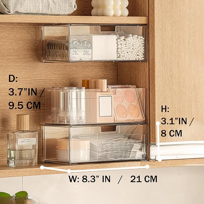 MORNITE Medicine Cabinet Drawer Organizer Set, 2-Tier Stackable Storage Drawers for Small Bathroom Mirror Toilet Wall Garage Vanity Cabinet - Clear