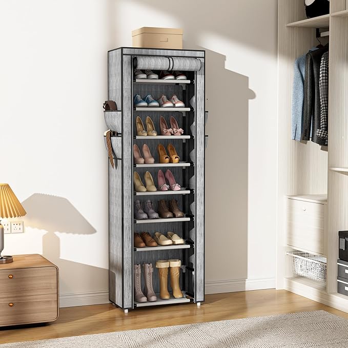 Shoe Rack with Cover Narrow Shoe Rack Organizer with 4 Side Pockets 10 Tier Tall Shoe Storage Shoe Shelf Holds 18-22 Pairs Shoes and Boots Shoe Rack for Closet, Printing