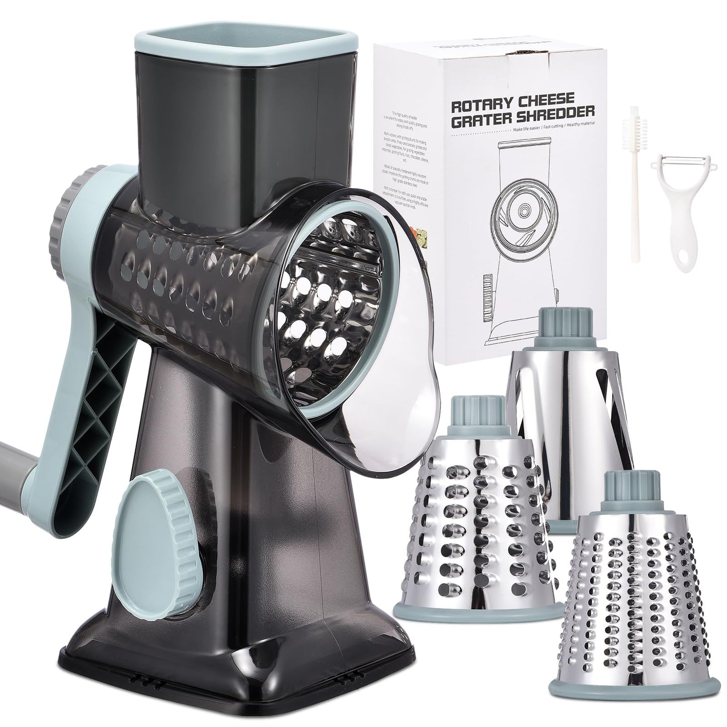 Rotary Cheese Grater with Handle Kitchen Shredder Slicer Grater Slicer Ice Shaver Cheese Vegetable Nuts Potato Zucchini Chocolate 3 Interchangeable Blades (Grey TSP)
