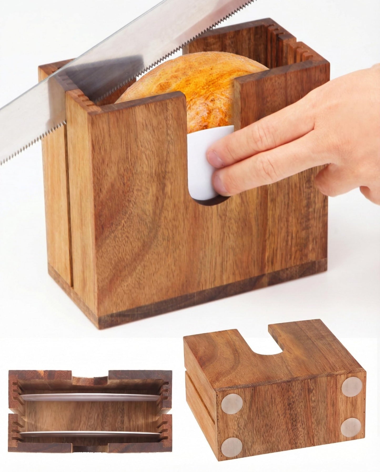 Large Adjustable Bagel Slicer Holder | Acacia Wood Bagel Cutting Holder with Width-Adjustable Slots for Small & Large Bagels, Buns & English Muffins, Knife Groove & Non-Slip Base