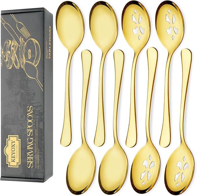 Keyoxy 8 Piece Stainless Steel Serving Spoon Set - 4 Large, 4 Slotted,Dishwasher Safe,10-Inch, for Parties/Kitchen/Buffet/Catering