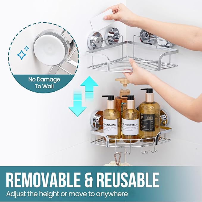 TAILI 2 Pack Powerful Suction Cup Corner Shower Caddy, Stainless Steel Rustproof Shower Shelf with Hook, Drill-Free Wall Mounted Basket, Large Capacity Removable Suction Cup Bathroom Organizer, Silver